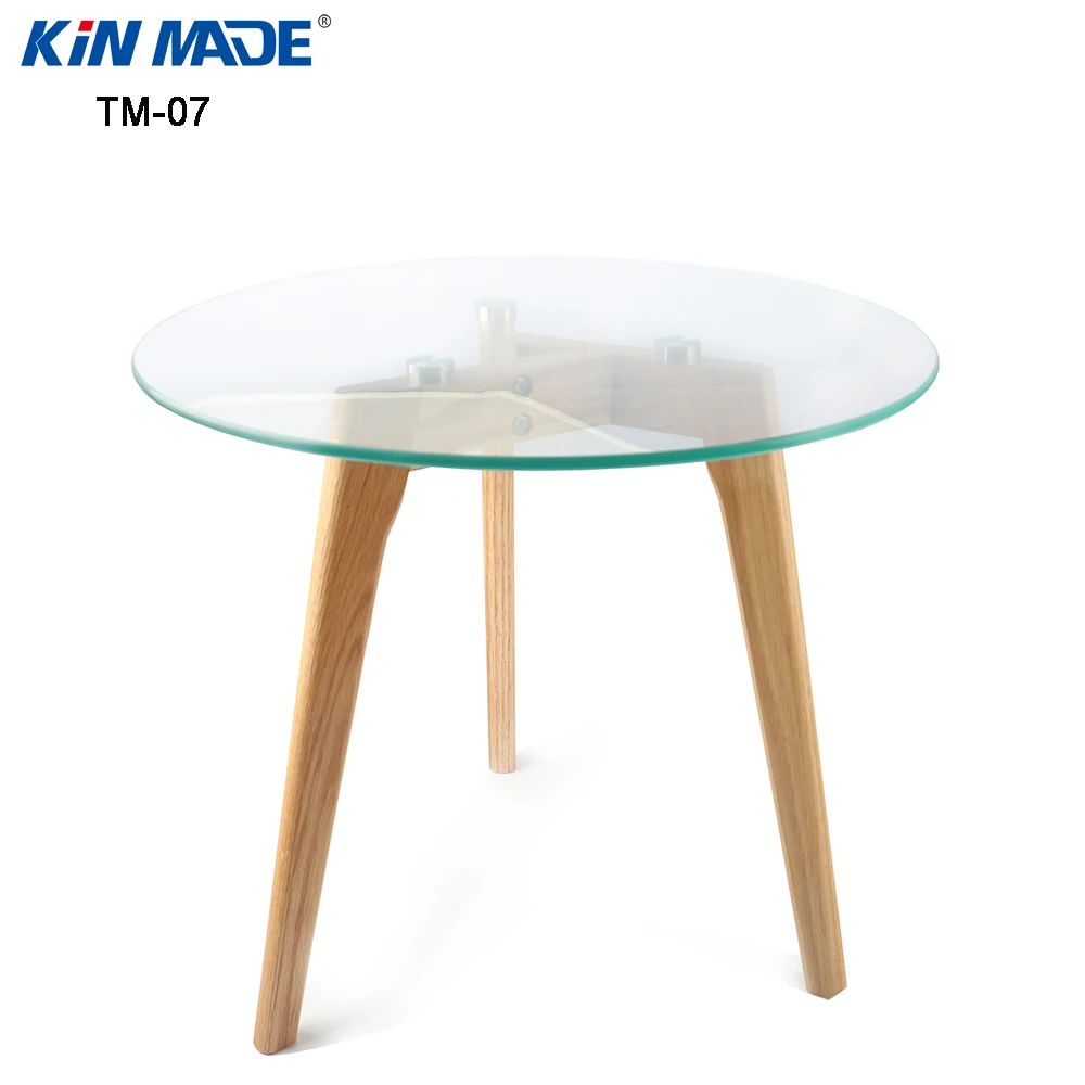 Kinmade Round Coffee Table Solid Wood Oak Legs Tempered Glass Top End Table Tea Table Living Room Furniture
