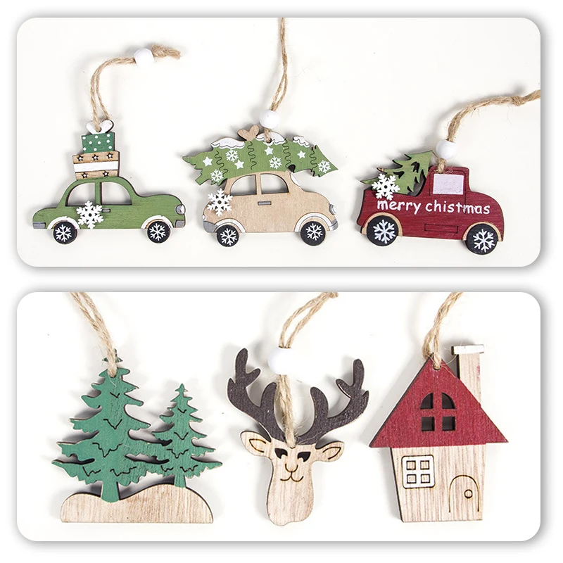 3 Pcs Noel Tree Decor Wooden Hanging Pendants Elk Car Natal Christmas Decorations for Home New Year Children Gift Navidad