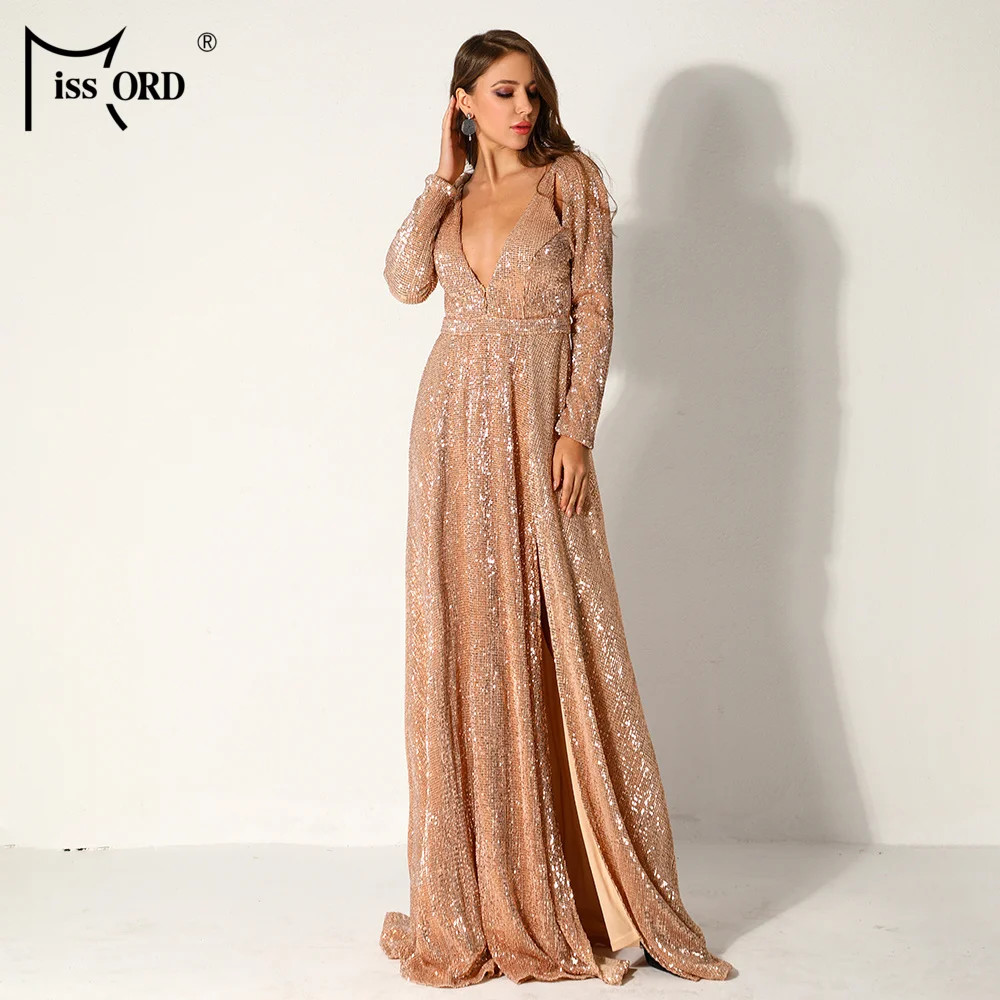 Missord Women Sexy Deep-V Long Sleeve High Split Dress Female Sequin Elegant Party Maxi Reflective Dress FT9707-3