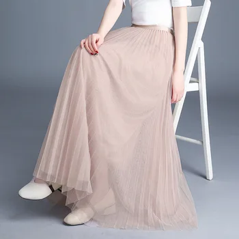 

U-SWEAR Summer Tulle Long Skirts Women Black Beige Pink Gray White Mesh Pleated Skirt Layers A Line Girl Vacation Beach Skirts