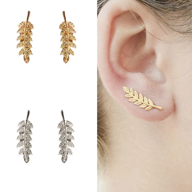 

Women U Shaped Graceful Earring Allergy Free Leaf Silver 1Pair 2018 New Arrival Unique Simple Girls Beautiful Tree Korean Golden