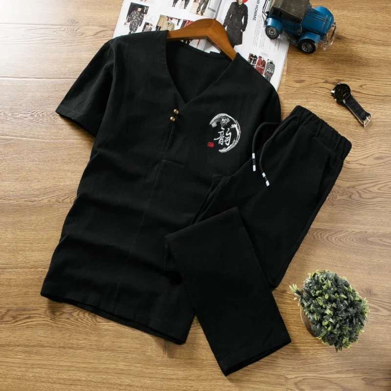  embroidery men two-piece Summer short-sleeved men tshirt with drawstring strap Ankle Length pants W