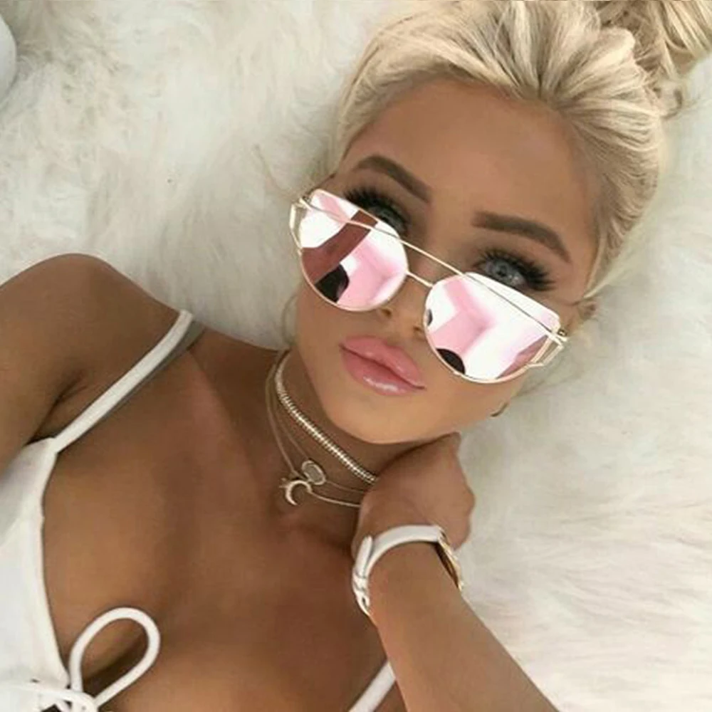 Mirror Cateye Goggle Sunglass Ladies Fashion Metal Frame Pink Sunglasses Women Flat Top Brand Design Female Eyewear 2019