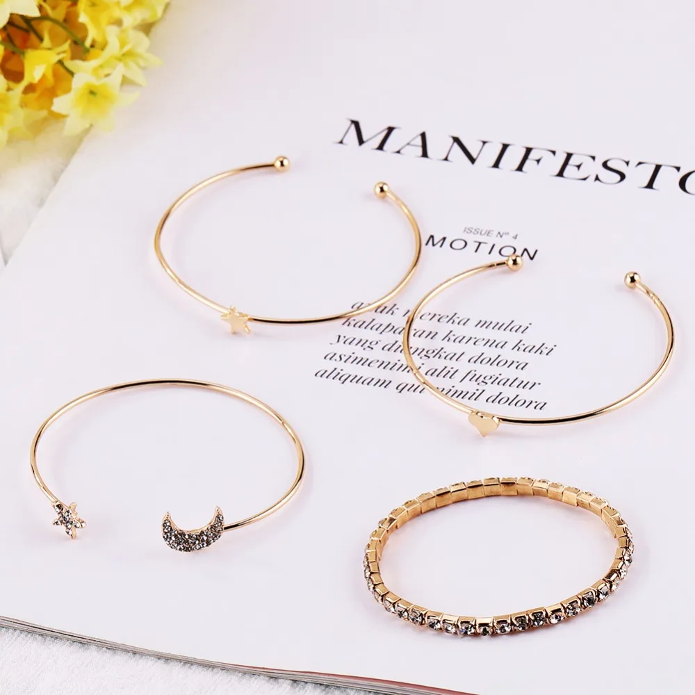 

Girlgo Adjustable Metal Heart Open Bracelets Set Women Vintage Star Moon Star Full Crystal Link Bracelet Charm Statement Jewelry