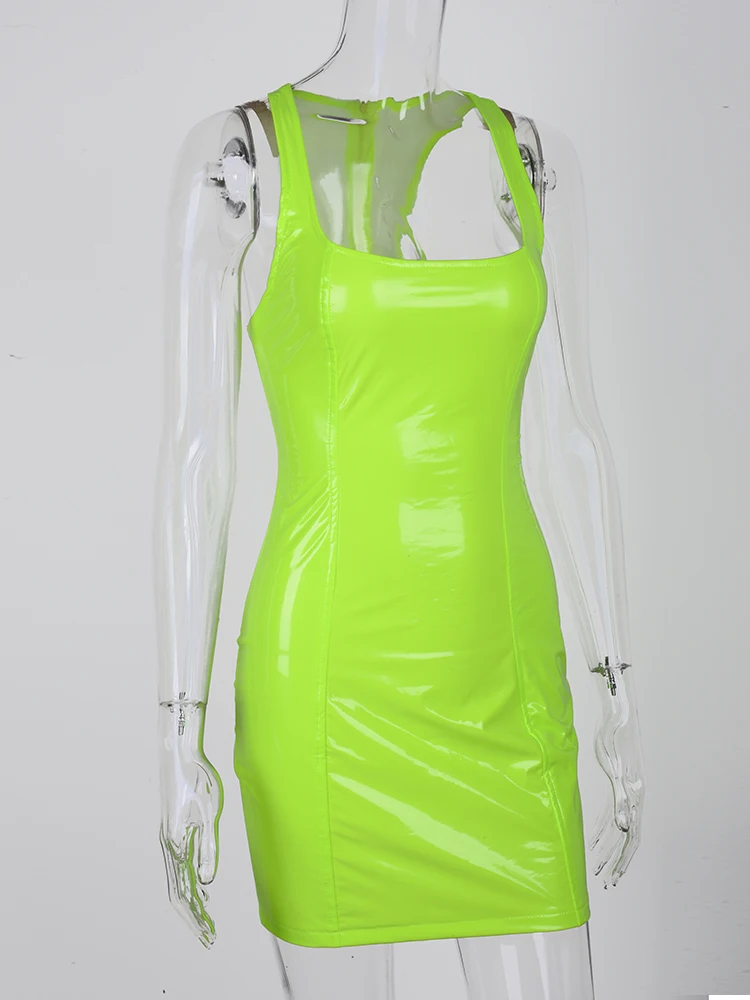 Colysmo, Мини Летнее платье, сексуальные платья из искусственной кожи, женские вечерние платья для ночного клуба, облегающее неоновое розовое платье, зеленое облегающее платье, новинка