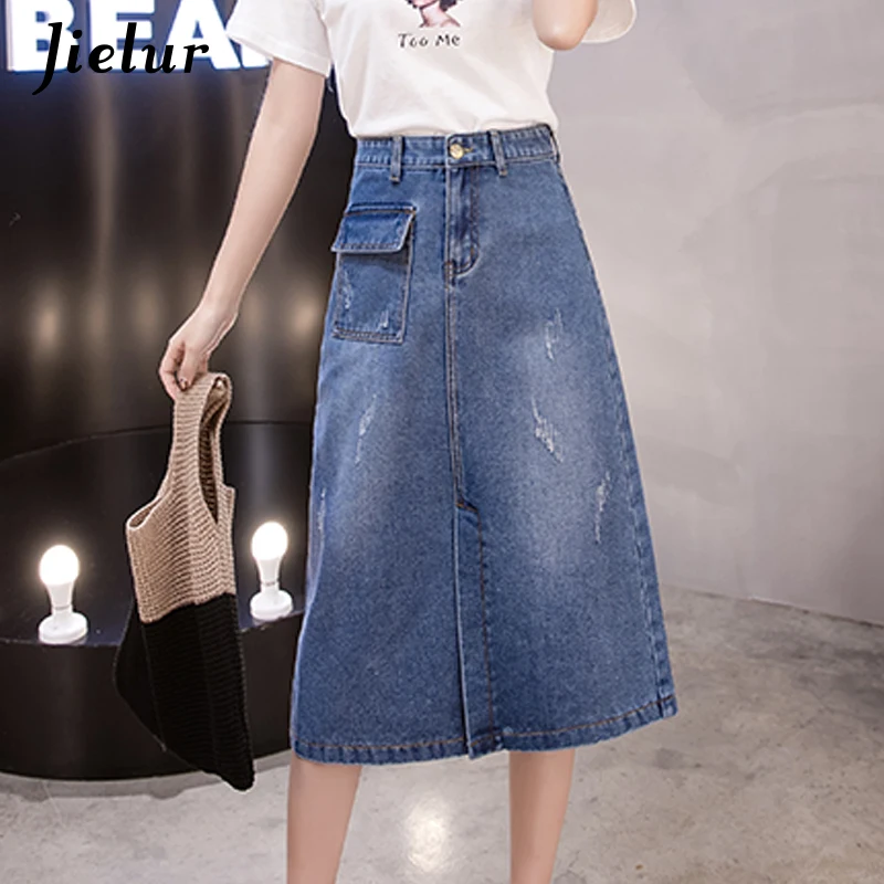 Jielur, повседневные джинсовые юбки для женщин, высокая уличная юбка размера плюс, джинсовая женская Свободная синяя трапециевидная модная летняя юбка Kpop Saia