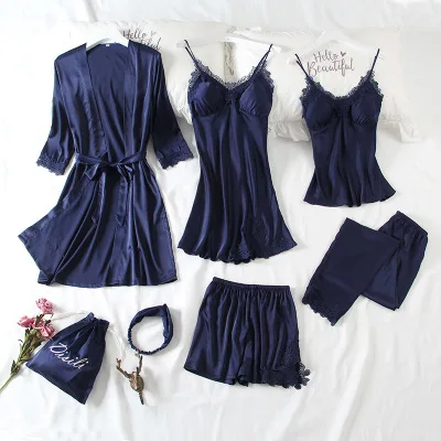 

Herislim Women Pajamas 7 Pieces Satin Pajamas Sets Sleepwear Silk Home Wear Embroidery Pijama Sexy Lace Pyjamas with Chest Pads