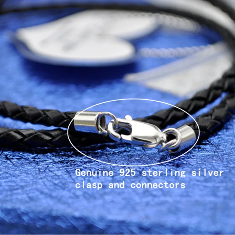 Универсальное Фирменное черное ожерелье из полиуретанового шнура с настоящим 925 коннекторы из стерлингового серебра и застежки для мужчин и женщин