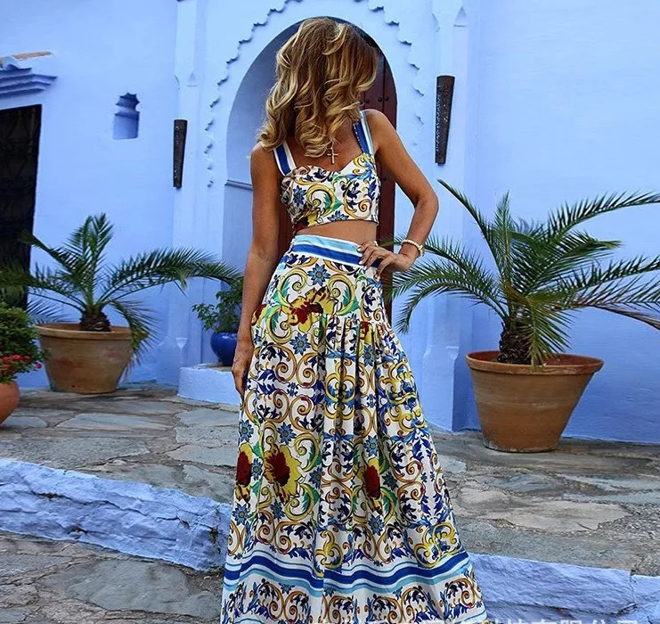 

Boho Sexy Women Two Piece Set Crop Top Long Skirt Sleeveless Floral Printed Strapless Bandage High Waist Casual Suit
