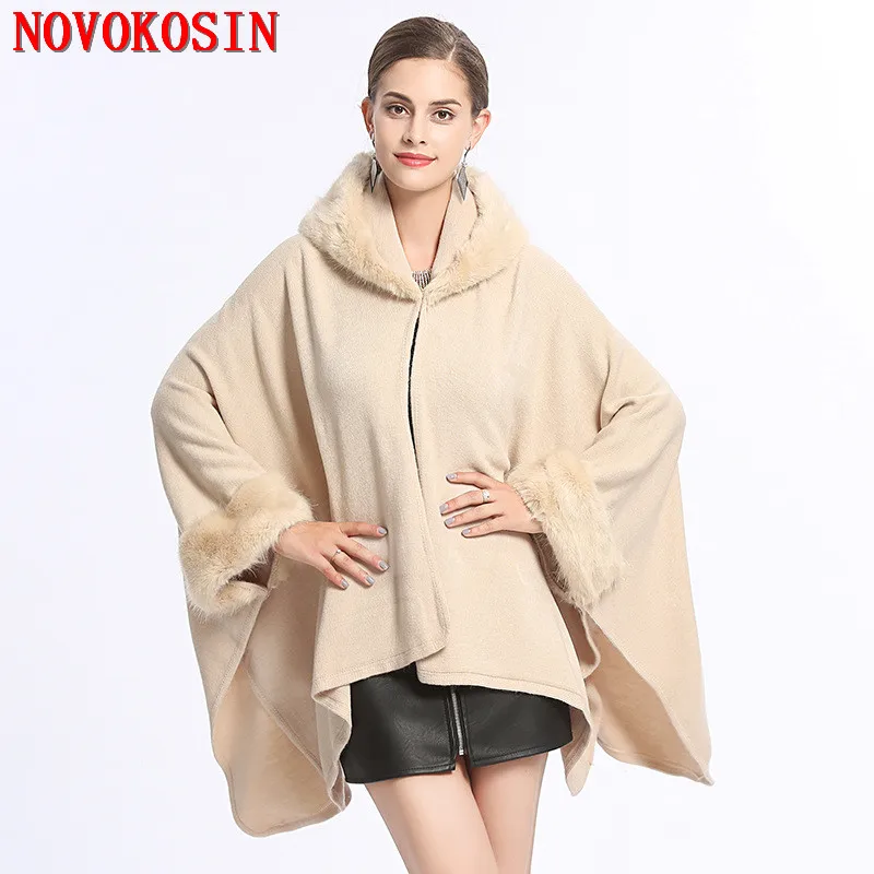 2018 Fashion Women Winter Capes Faux Fur Collar Knitted Open Stitch Poncho Long Sleeve Cardigan Thick Warm Cloak Coat With Hat