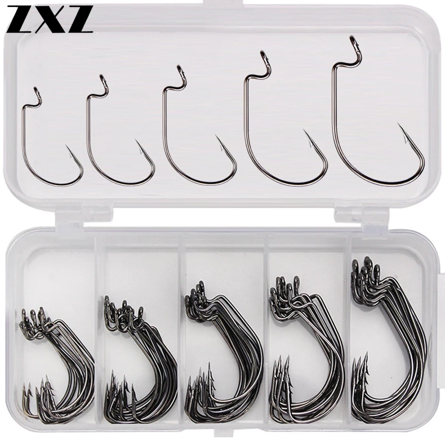 

50pcs High Carbon Steel Fishing Crank Hooks Set 5 Size 1# 2# 1/0# 2/0# 3/0# Soft Bait Fish Hook Fishhook Tackle with Storage Box
