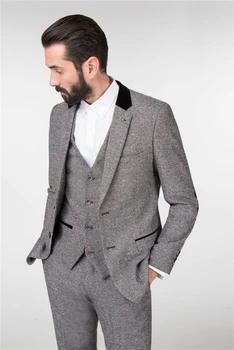 Ceny 2017 Najnowszy Garnitur Fasony Spodni Lampki Zimowe Szary Tweed Mężczyźni Garnitur Slim Fit 3 Sztuka Smoking Niestandardowe Groom Blazer Garnitury Na Bal Masculino