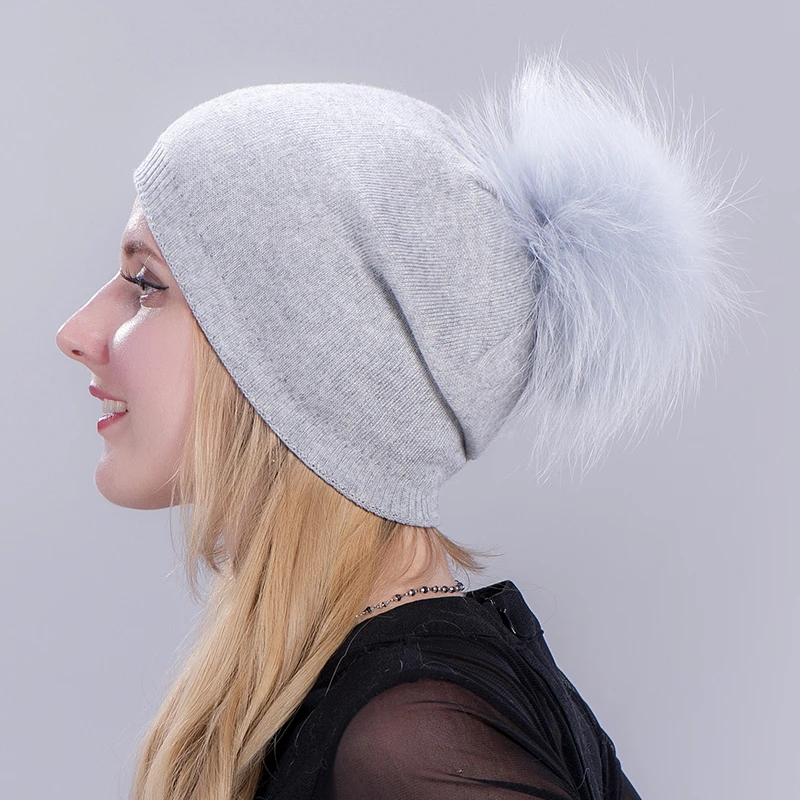 Новое поступление женская зимняя шапка с помпоном из меха енота вязаная двойная
