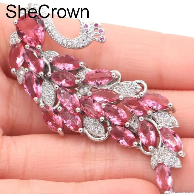 

New Designed Big Phoenix Pink Tourmaline CZ SheCrown Gift Silver Brooch 61x26mm