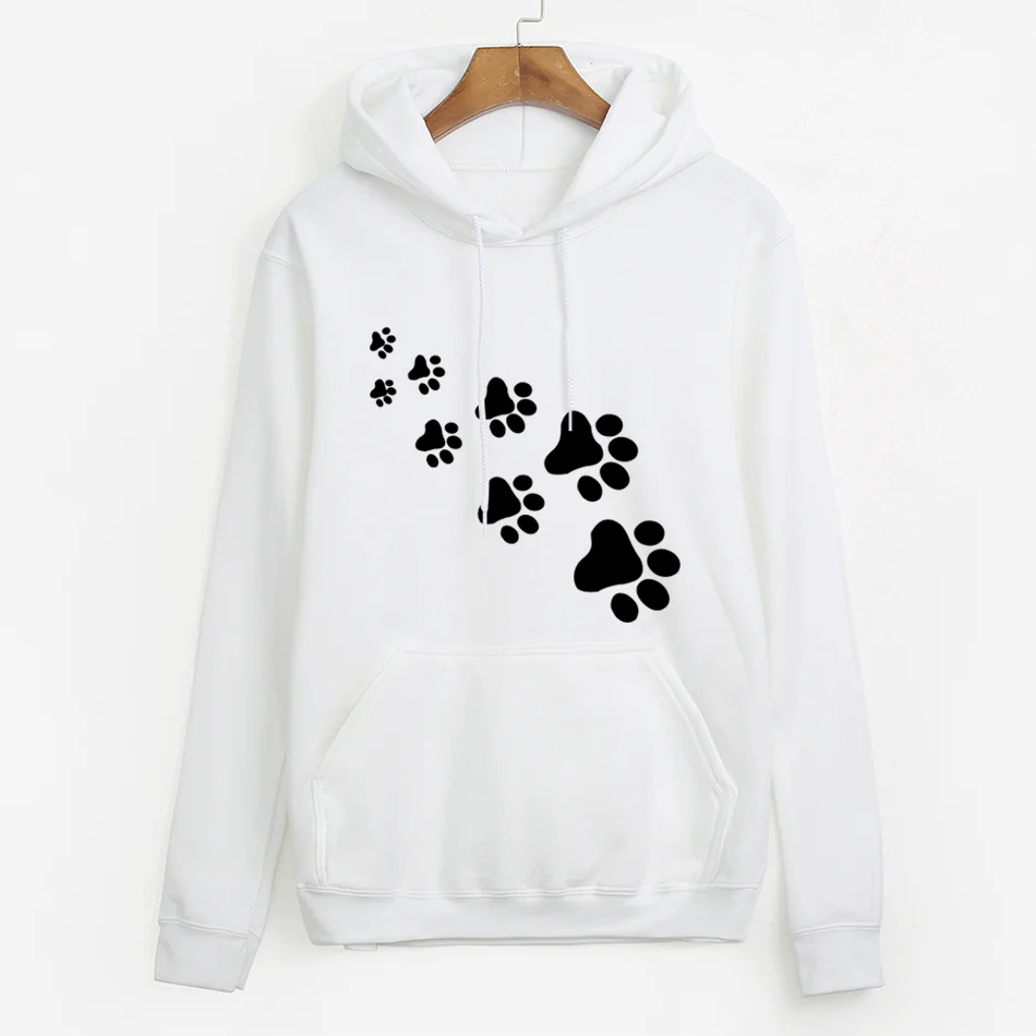 

2019 kawaii cat paws print hoodies for Women white pink brand tracksuits femme Casual fleece autumn winter sweatshirt pullovers