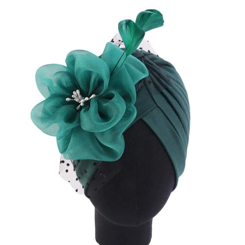 Тюрбан шапки женские цветочные сетчатые перья с рюшами шляпа череп Рак шапочка при химиотерапии хиджаб головной убор повязка на голову выпадение волос крышка аксессуары - Цвет: Зеленый