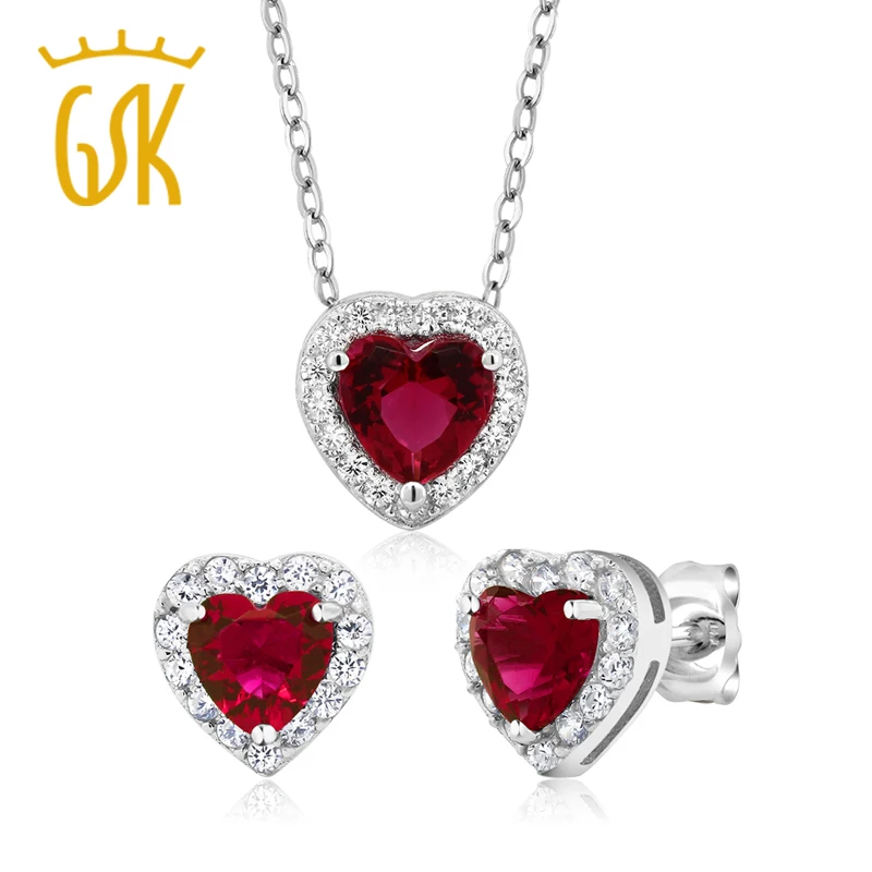 GemStoneKing 3 45 карат в форме сердца Красный циркония серьги и кулон набор 925 пробы