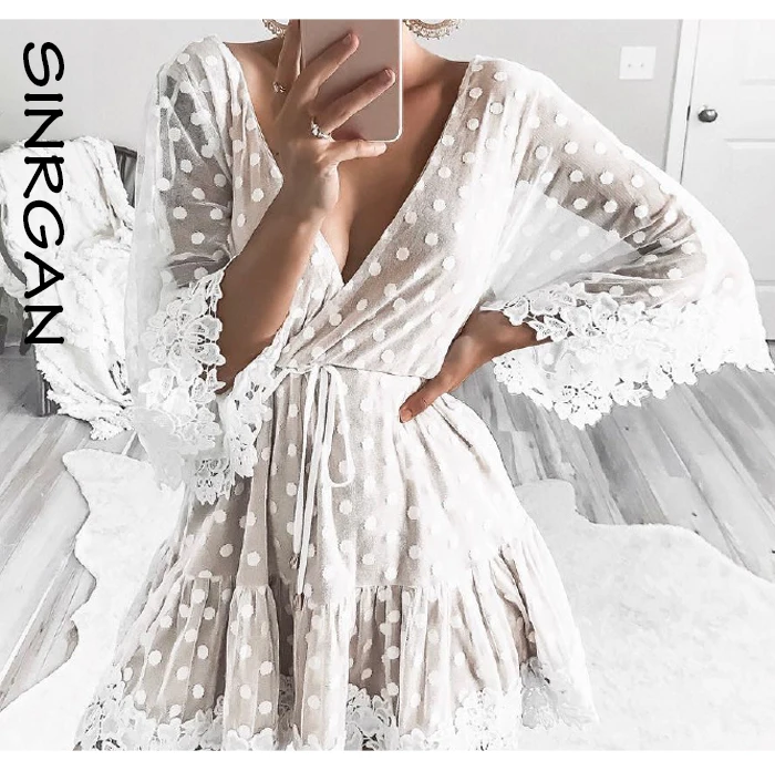 SINRGAN Women Deep V-neck Elastic Waist Lace Dress Female European Style Mesh Patchwork Leaky Back Dress Summer Half Sleeve Robe