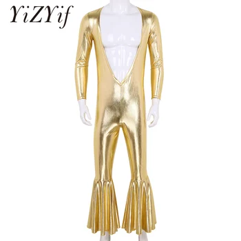 

Men Shiny Metallic Bodysuits Sexy Dance Deep V Neck Open Chest Long Sleeves Bell Bottom Flare Catsuit Leotard Bodysuit Clubwear
