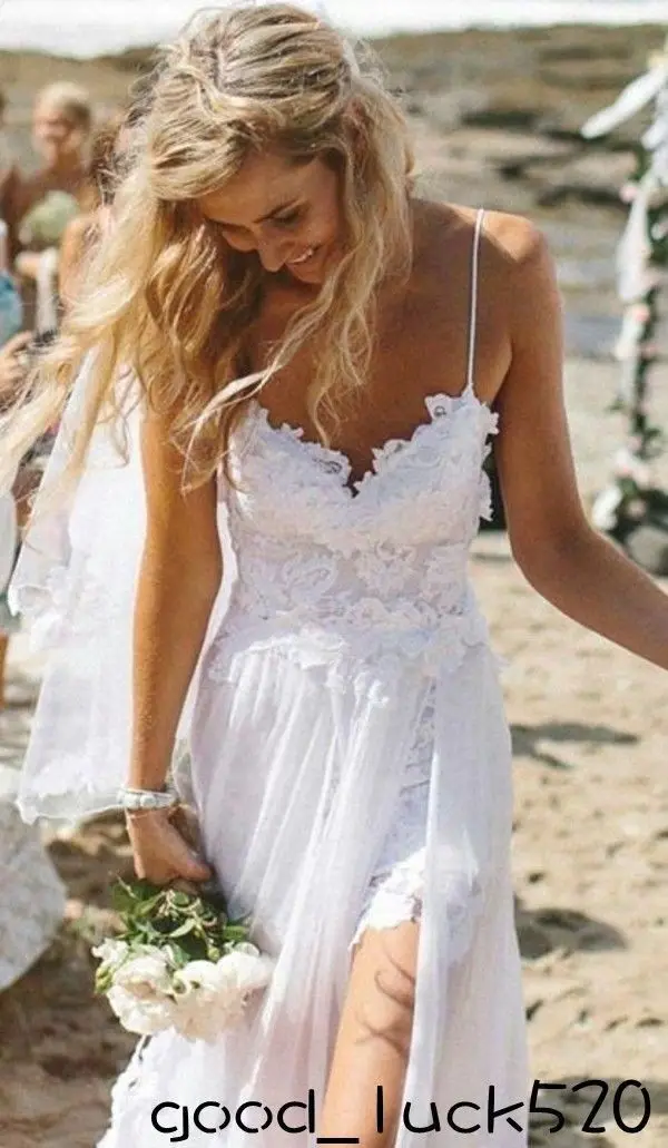 Lace Boho Beach Wedding Dress Slit Summer Bridal Dress Custom Size 0 2 4 6 8 10 