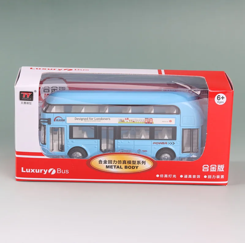 Сплав Лондон автобус Двухэтажные Автобусные фары и музыка открытый дизайн металлический автобус литой автобус дизайн для Londoners игрушки для детей - Цвет: Blue with box