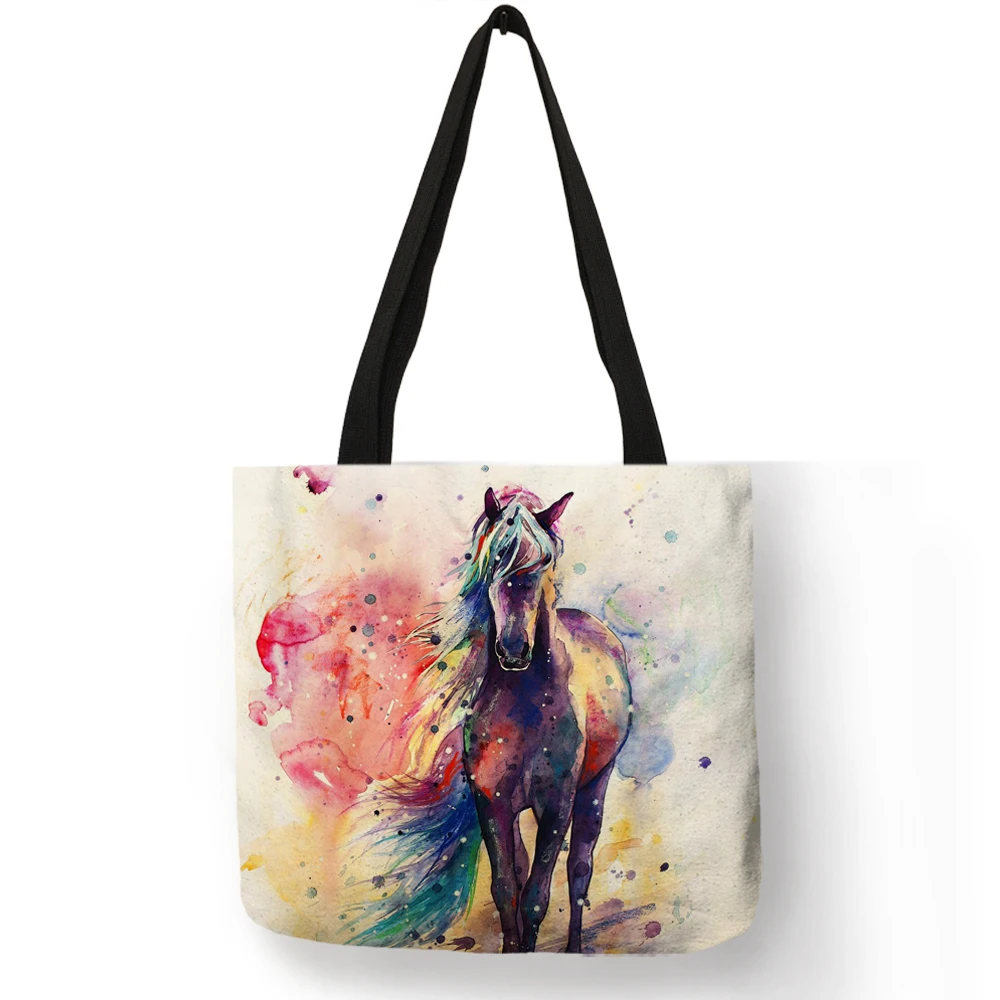 Watercolor Horse Print Linen Shopping Bag Tote Folding Reusable Traveling School Shoulder Bags Casual Handbags For Women 2021