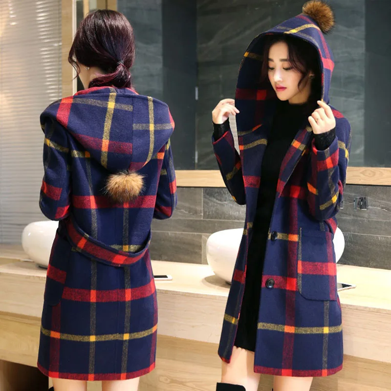 

Women Grid Hooded Overcoat Long Sleeve Slim Fit Woolen Coats Windproof Warm Outwear SSA-19ING