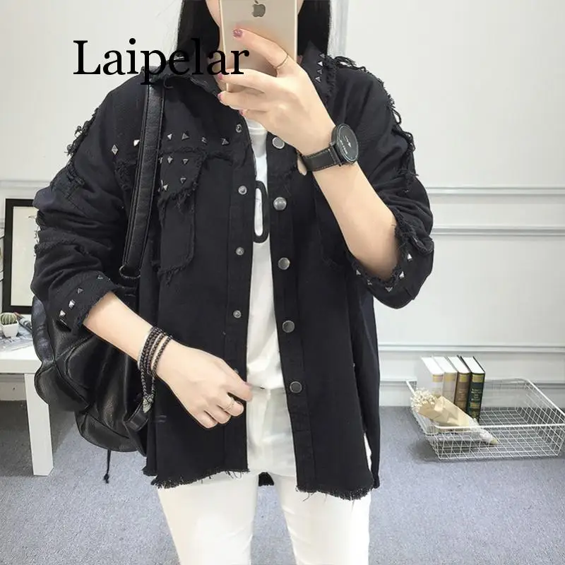 

Laipelar Autumn new models fashion Washed Burr Retro Rivet unsymmetrical denim jacket