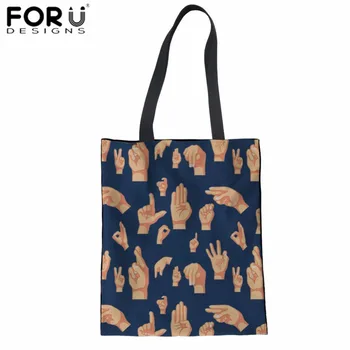 

FORUDESIGNS Cotton Bag Gesture Print Canvas Shopping Bag Women's Shoulder Bag Teenager Girls Daily Tote Bag Fashion Eco Sacola