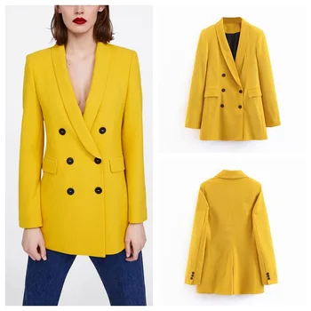 

Yellow Color Suit Blazer Jacket Women Fashion Long Sleeve Coat Women Elegant Double Breasted Jacket Suits Female Ladies Clothes