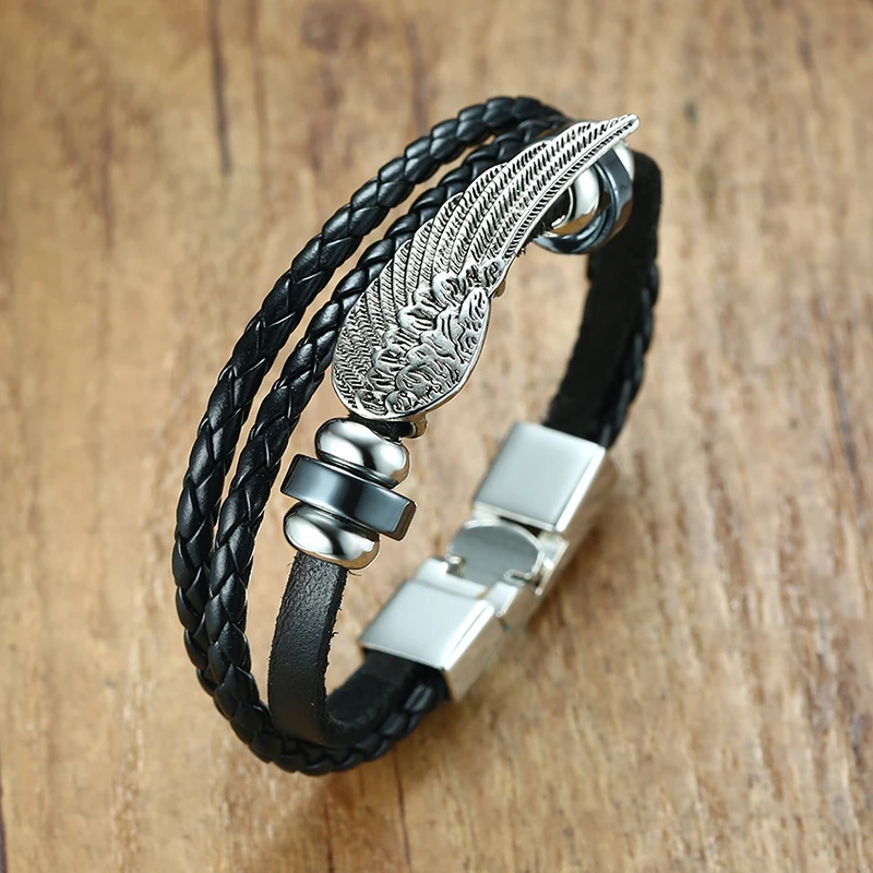 

Mens Bracelets Angel Wing Charms Surfer Wrap Tribal Braided Leather Bracelet Cuff Bangle Black Silver Tone Male Jewelry Braslet