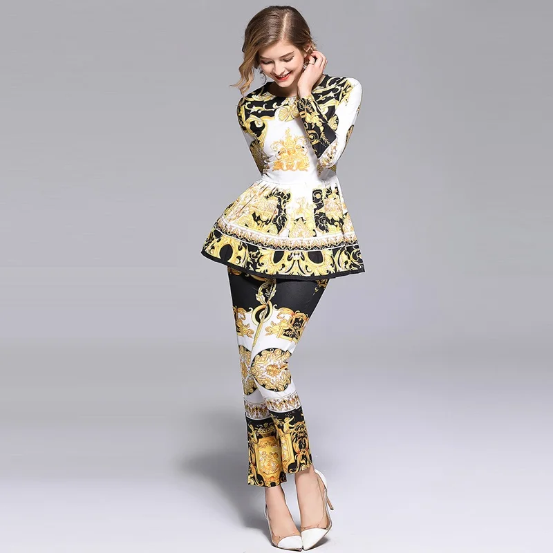 

High Quality Runway Sets 2018 Autumn New Arrival 2 Piece Set Women Vintage Print Ruffle Blouse and Pants Suit Set Twinset