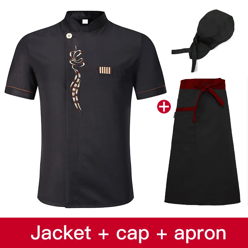 Chef Restaurant uniform Short Sleeve Hotel kitchen Work clothes Breathable Thin chef Jacket+ Hat+Apron set M-4XL Unisex shirts - Color: jacket cap apron