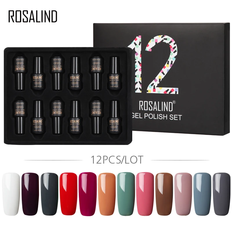 (12 шт./лот) ROSALIND 7 мл однотонный Гель лак для ногтей долговечный отмачиваемый набор
