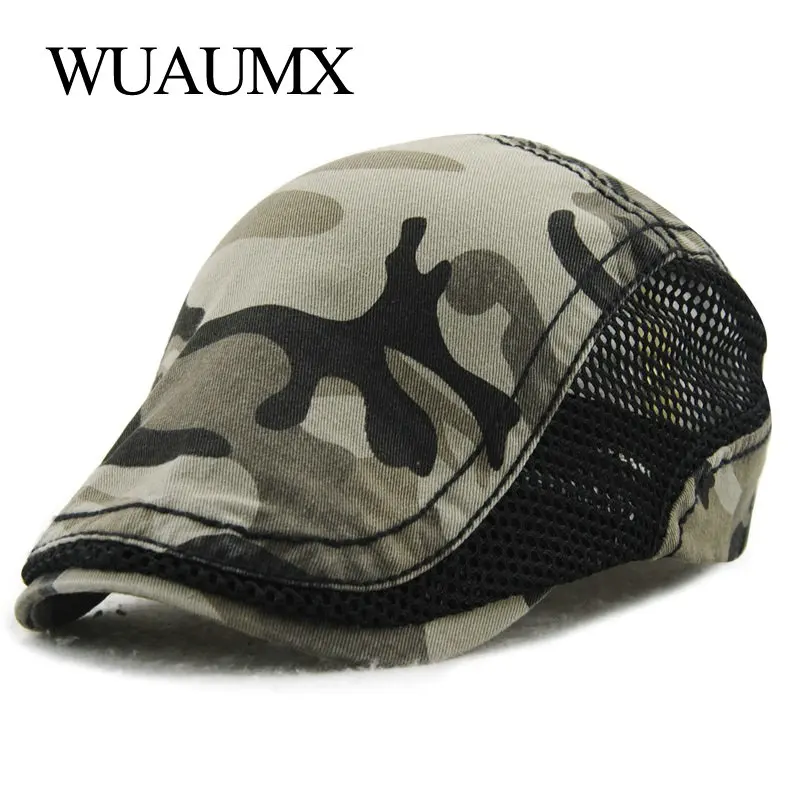 

Wuaumx Branded Summer Beret Hat For Men Women Camouflage Breathable Net Visors Cotton Peaked Flat Cap Casquette Boina Masculina