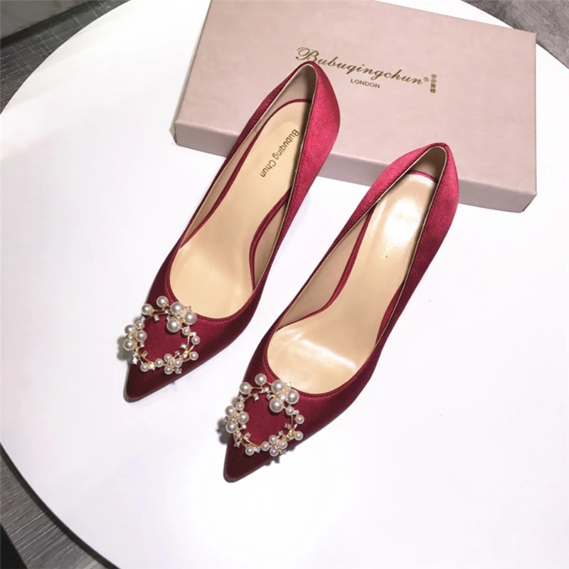 burgundy satin heels