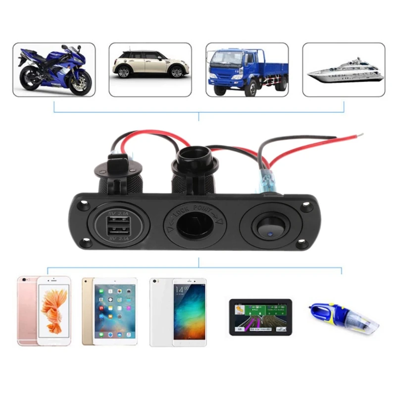 Dual USB Charger Power 2.1A 12V Outlet+ON-OFF Switch Panel for Car Boat Marine