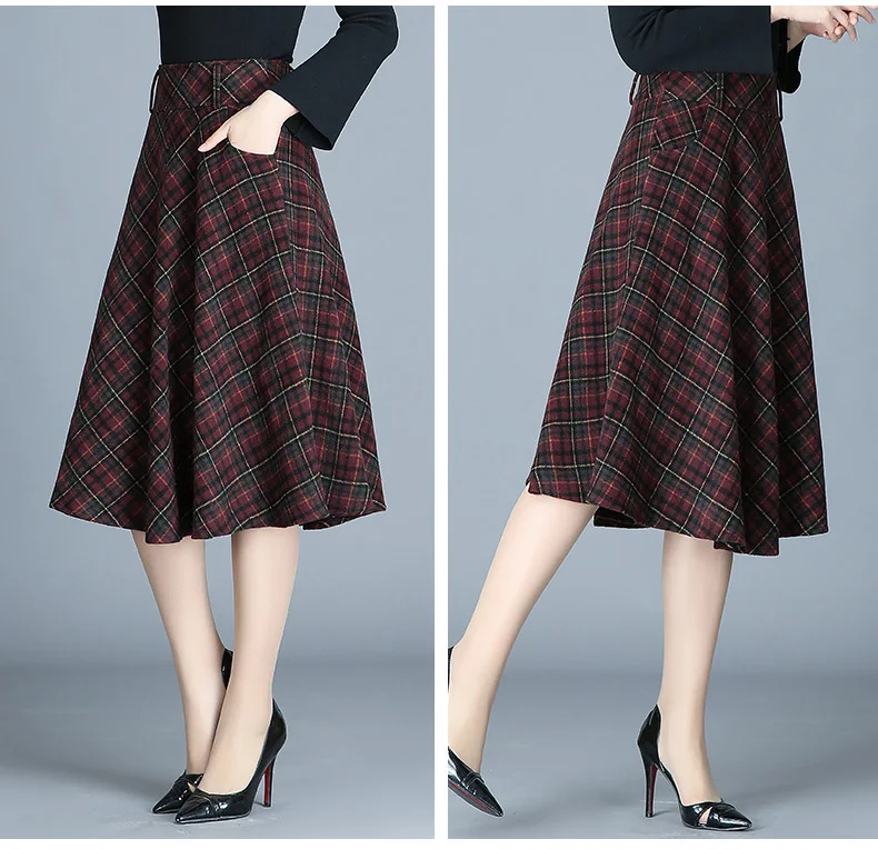 Осенне-зимняя Толстая вязаная юбка Kilt women's A Linie A shape винно-красные миди юбки клетчатые плиссированные большие юбки