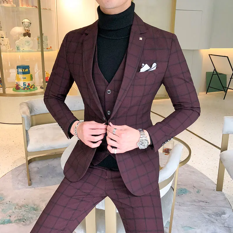 

Asian size2019 New Men's Luxury brand Fashion Plaid male suit Groom Wedding Dress Suit 3 piece Male Formal Business Casual Suits