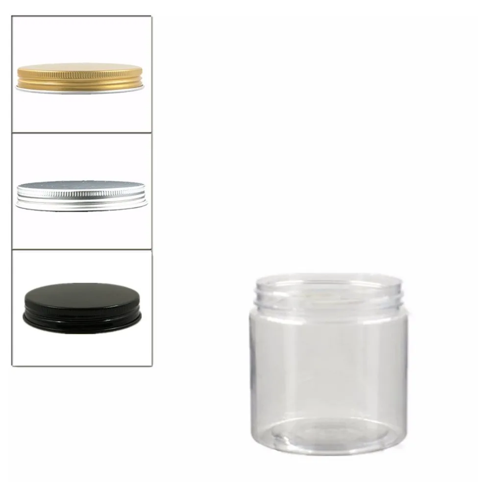 

12pcs/lot 250ml clear round pet jar bottle container with sliver/gold/black aluminium cap lids for Cosmetic,food, Packaging,