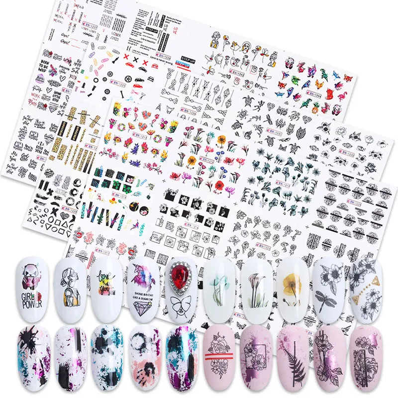 

3 Big Sheet Black Line Colorful Abstract Pattern Nail Sticker Decals Animal Flower Pattern Nails Art Sticker