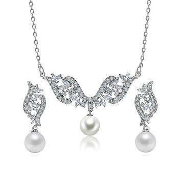 

Inspire Pearl Drop Cubic Zirconia Necklace earrings set Angel's wings For Women Girl Jewelry Party wedding jewelry set bridal