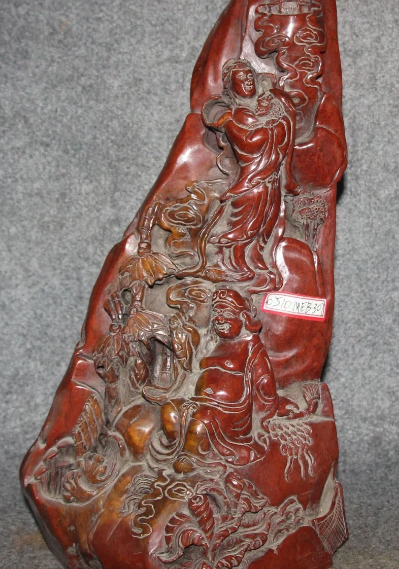 

13" Rare Natural Shoushan Stone Chang'e Rabbit Zhu Bajie Pig God Immortal Statue