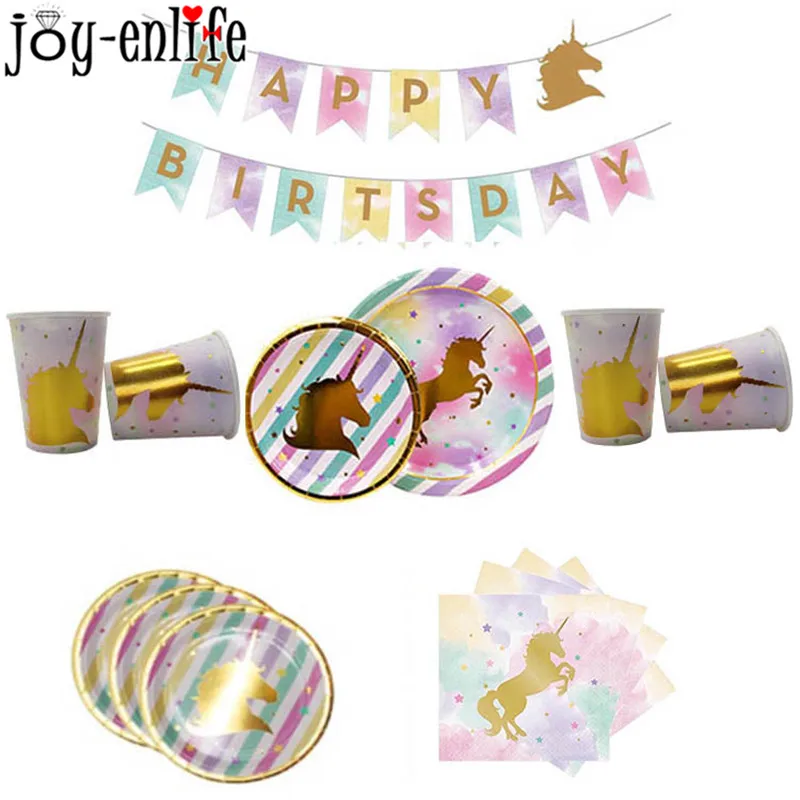 

1set Gold Sparkly Plates Cups Napkins Tablecloth Unicorn Party Tableware Baby Shower Decoration Kids Birthday Party Supplies