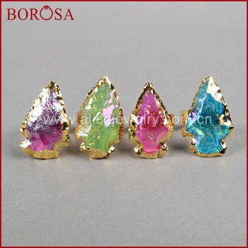 

BOROSA 5pcs Arrow Gold Color Rainbow Titanium Quartz Ring Jewelry Drusy Gems Adjustable Ring for Women Girls G0826