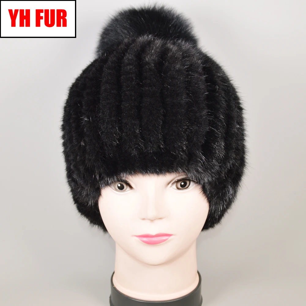

Lovely Winter Natural Real Mink Fur Beanies Hat Elastic Knitted Warm Women Good Quality Real Mink Fur Caps Fox Fur Balls Hats