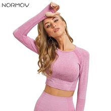 NORMOV тренировочные Топы для женщин, бесшовный топ с длинным рукавом для йоги, женский укороченный топ для спортзала, дышащая короткая спортивная рубашка для женщин