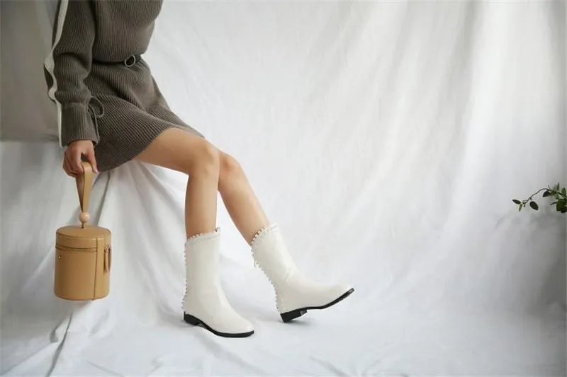 DRFARGO/обувь из натуральной кожи женские весенне-зимние ботинки белого цвета черные ботинки до середины икры на плоской подошве обувь на шнуровке с молнией сзади; размеры 34-39