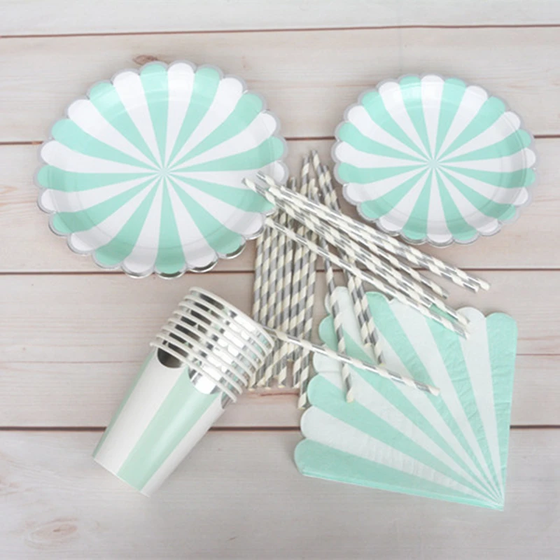 

8 Sets Mint Silver Disposable Party Tableware Paper Plates Tea Cups Napkins Straws Beverage Bridal Shower Engagement Party Decor