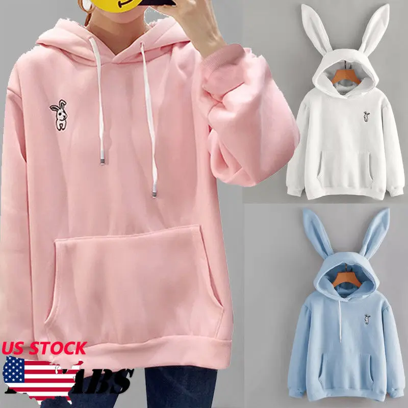 Осенняя Женская толстовка с заячьими ушками для девочек Kawaii капюшоном и длинными